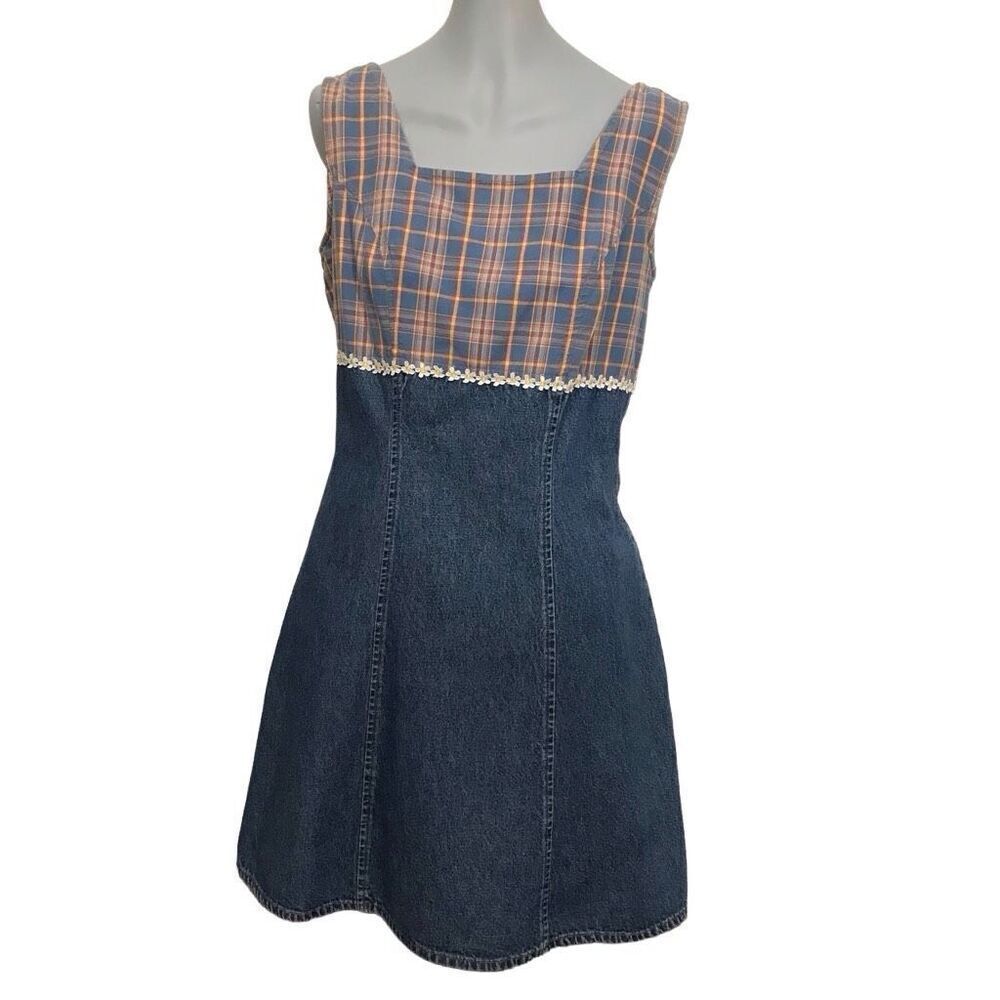 Vintage 90s Y2K Arizona Jean Company Denim Plaid Daisy Dress size 7
